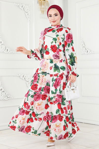 J.N.F. - Gül Desenli Eteği Katlı Elbise 2405JNF844-MS Ekru - 405348