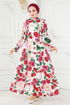 Gül Desenli Eteği Katlı Elbise 2405JNF844-MS Ekru - Thumbnail
