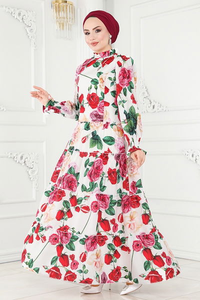 J.N.F. - Gül Desenli Eteği Katlı Elbise 2405JNF844-MS Ekru - 405350