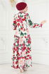 Gül Desenli Eteği Katlı Elbise 2405JNF844-MS Ekru - Thumbnail