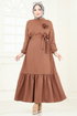 Gül Detaylı Elbise 801OZN1046-MS Açık Kahve - Thumbnail