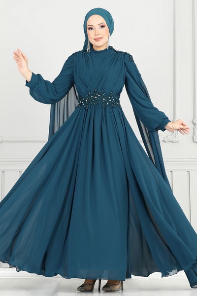 Y.G.S. - Güpür Detay Pelerinli Abiye 6640YG95-MS Petrol - 359464