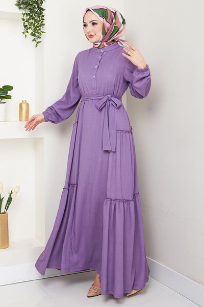 MRV D.V.L. - Half Buttoned Up Bürümcük Dress 402DVL897-M Dark Lilac - 353221