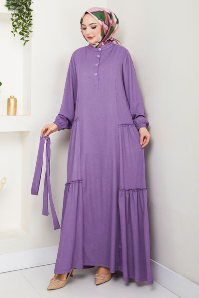 MRV D.V.L. - Half Buttoned Up Bürümcük Dress 402DVL897-M Dark Lilac - 353223