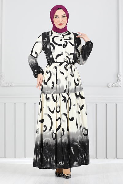 MRV A.S.N. - Half Buttoned Up Patterned Dress 0208ASN936-M Black - 350722