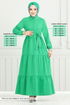 Half Buttoned Up Tericotone Dress 400ART1044-M Benetton Green - Thumbnail