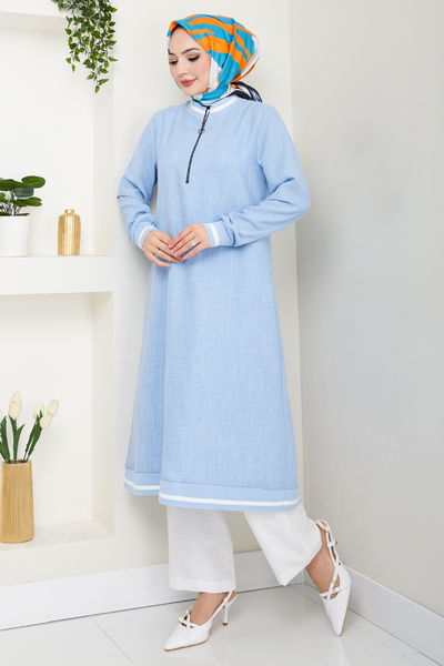 MRV S.V.L. - Half Zippered Linen Team 1724SVL982-M Baby Blue&Ecru - 353265