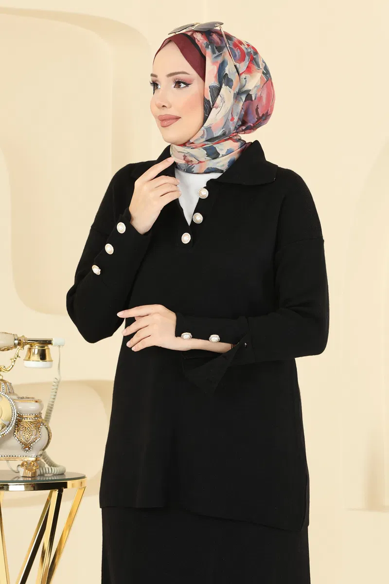 İnci Düğme Detaylı Takım 01213MT581-MS Siyah