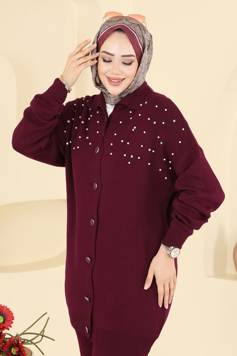 İnci Taş Detaylı Triko Takım 1335MT581-MS Bordo
