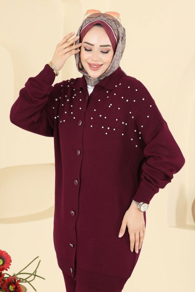 M.T. - İnci Taş Detaylı Triko Takım 1335MT581-MS Bordo