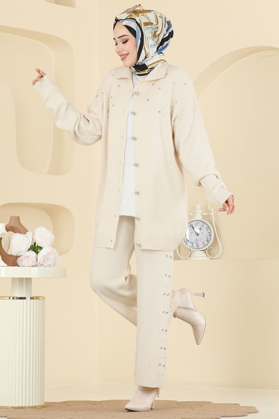 M.T. - İnci Taş Detaylı Triko Takım 1335MT581-MS Taş - 413045