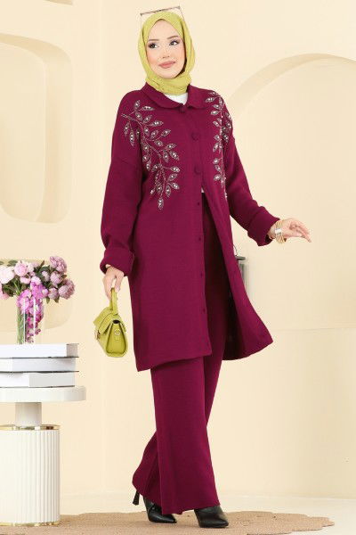 A.Y.D. - İşleme Detaylı Triko Takım 2745AYD574-MS Bordo