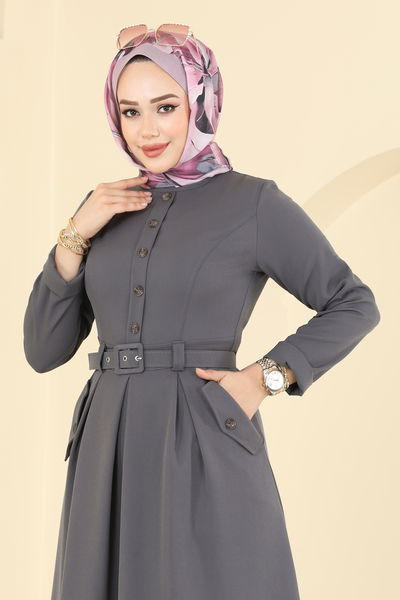 S.L. - Kaplama Kemerli Dabıl Elbise 2749SL432-MS Antrasit - 408687
