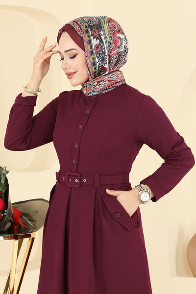 S.L. - Kaplama Kemerli Dabıl Elbise 2749SL432-MS Bordo - 408695