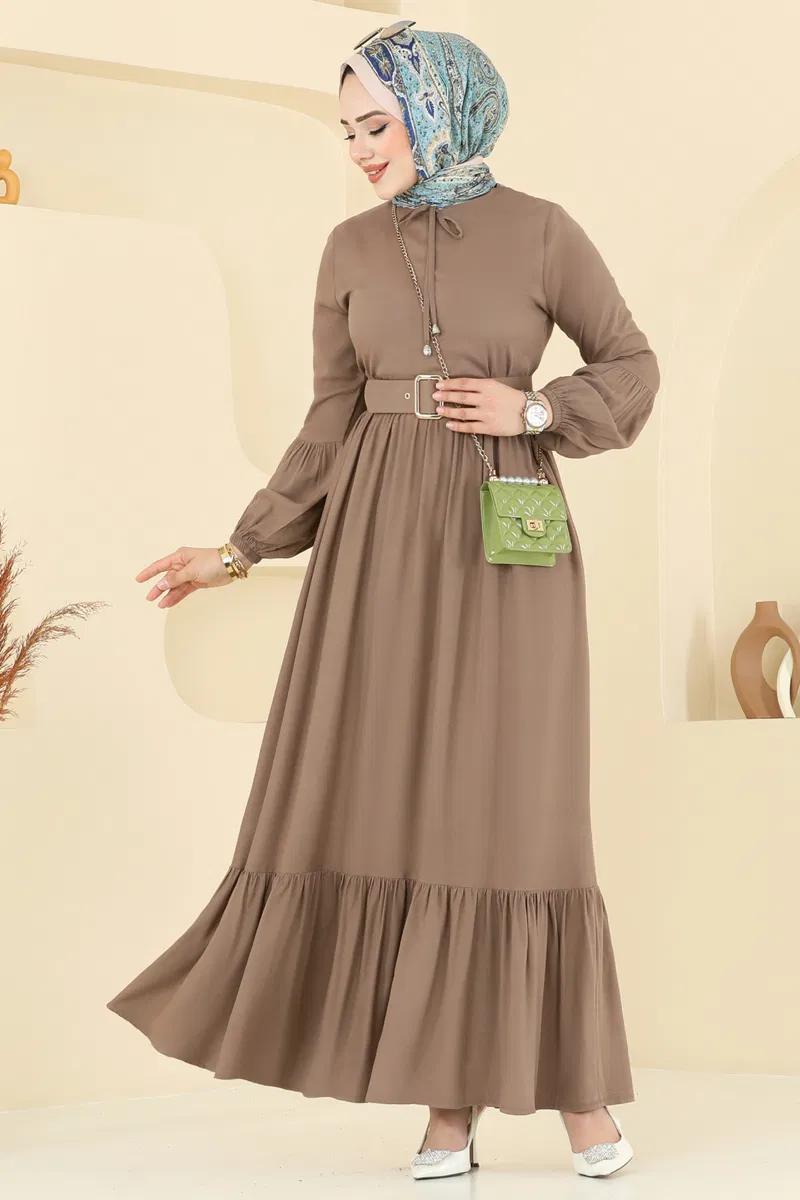 Kaplama Kemerli Elbise 7123BG354-MS Koyu Vizyon