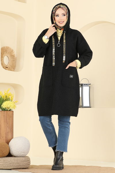 L.Y.D. - Kapşon Detaylı Peluş Kap 2141LYD1165-MS Siyah - 409507