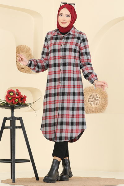 K.T.R. - Kare Desenli Ekose Tunik 3068KTR750-MS Kırmızı&Gri - 414624