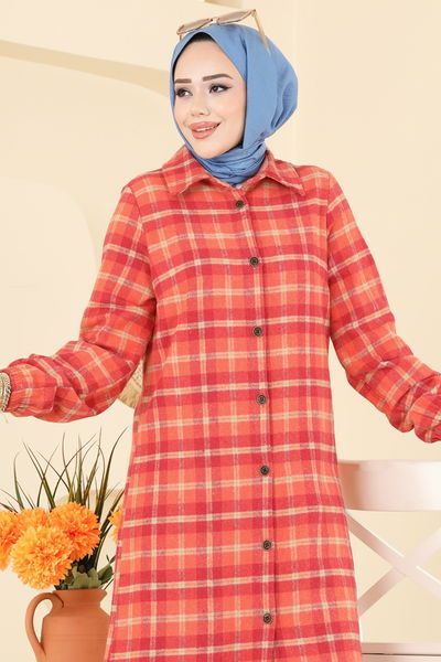 K.T.R. - Kare Desenli Ekose Tunik 3068KTR750-MS Oranj - 414576