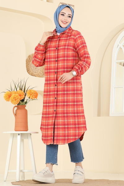 K.T.R. - Kare Desenli Ekose Tunik 3068KTR750-MS Oranj - 414577