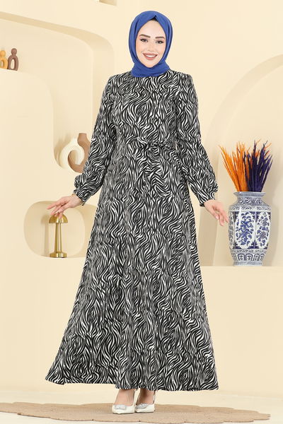 E.R.K. - Kemer Detaylı Desenli Elbise 7575ERK1158-MS Desen 2 Siyah - 428436