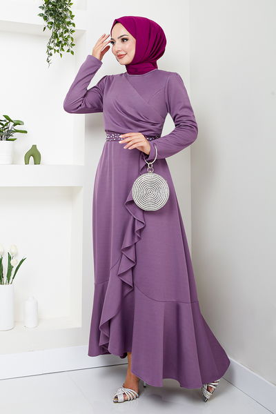 MRV K.T.R. - Kemeri Taş Detaylı Elbise 4445KTR927-M Lila - 343506