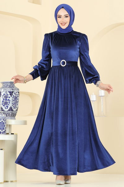 E.D.F. - Kemeri Taşlı Abiye Elbise 5708EDF311-MS Saks - 402206