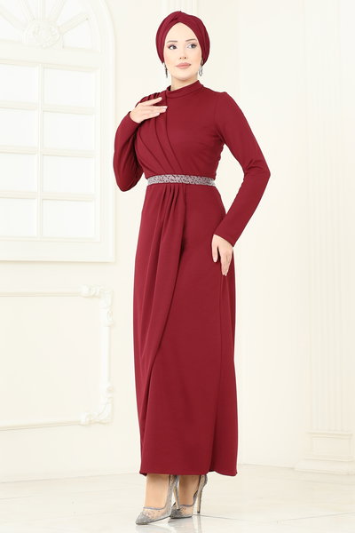 E.D.F. - Kemeri Taşlı Abiye Elbise 5729EDF311-MS Bordo - 422159
