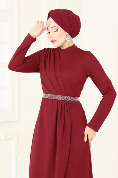 E.D.F. - Kemeri Taşlı Abiye Elbise 5729EDF311-MS Bordo - 422161