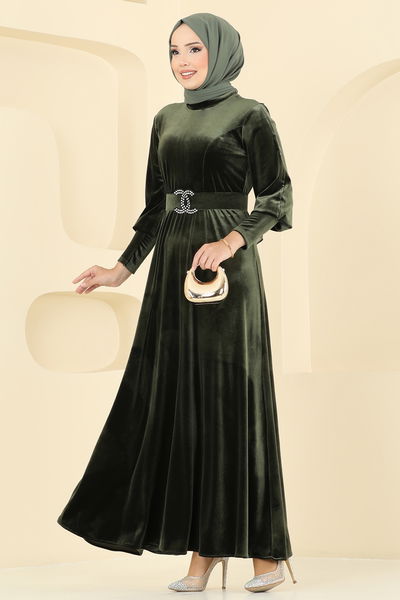 M.E.Y. - Kemeri Taşlı Kadife Elbise 2414MEY846-MS Haki - 397357