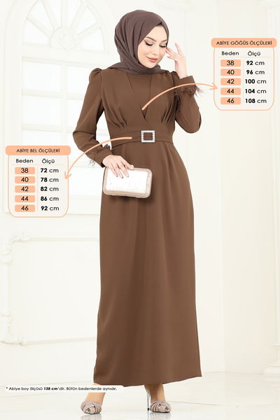 A.R.L. - Kemeri Taşlı Kalem Abiye Elbise 3008ARL1089-MS Kahve - 400519