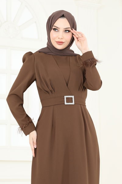 A.R.L. - Kemeri Taşlı Kalem Abiye Elbise 3008ARL1089-MS Kahve - 400521