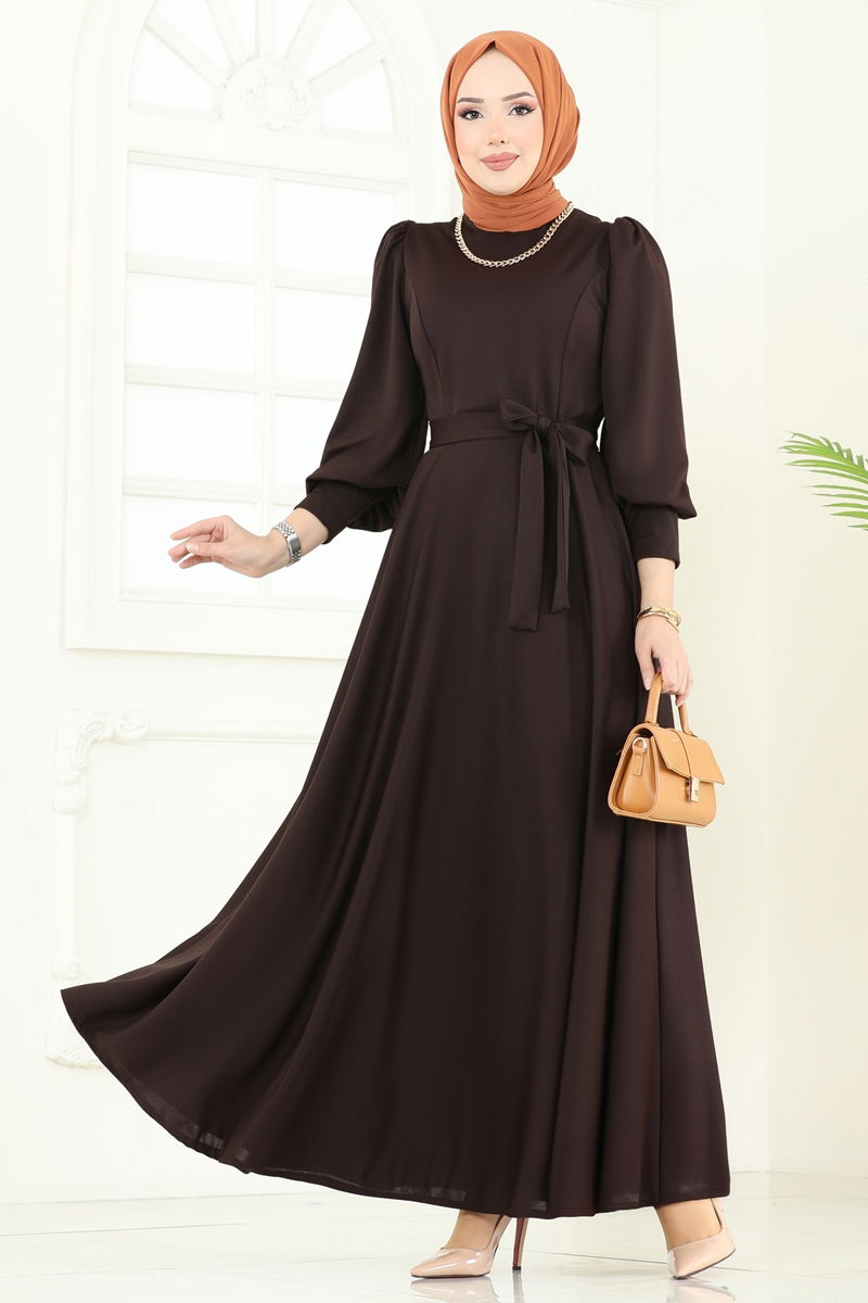 Kemerli Tesettür Elbise 4539ALG474-MS Acı Kahve