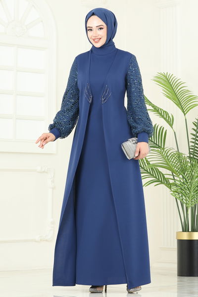 A.S.M. - Kolları Fileli Abiye Elbise ASM2811-MS İndigo - 361331