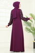 Kolları Fileli Abiye Elbise ASM2811-MS Mürdüm - Thumbnail