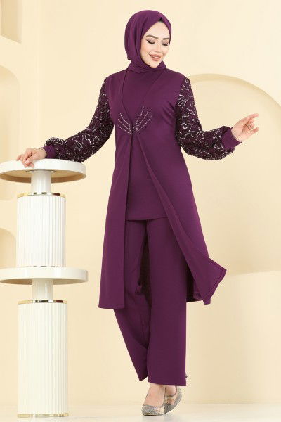 A.S.M. - Kolları Fileli Şık Takım ASM2832-MS Mürdüm