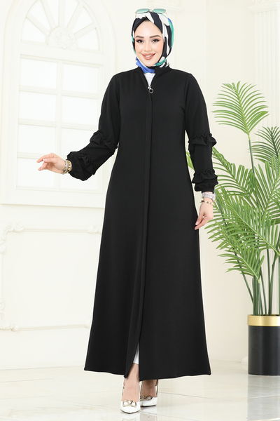 D.L.B. - Kolları Fırfırlı Pardesü Ferace 1200DLB1088-MS Siyah - 390376