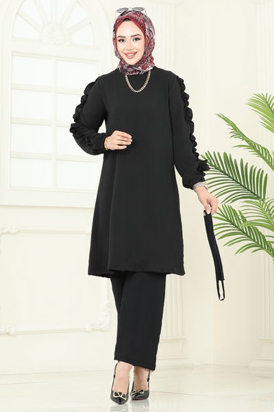 U.Z. - Kolları Fırfırlı Tesettür Takım 6015UZ662-MS Siyah - 373410
