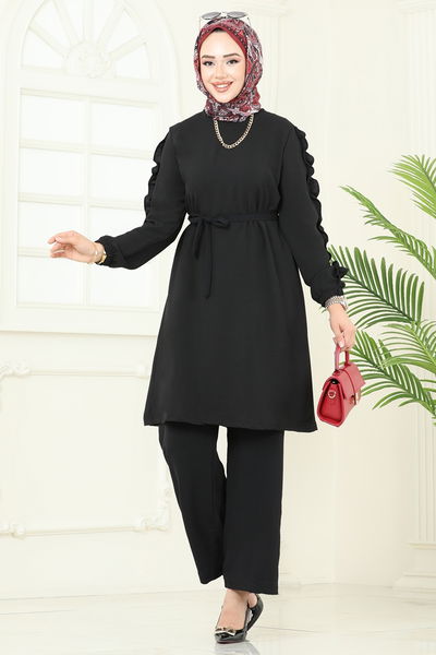 U.Z. - Kolları Fırfırlı Tesettür Takım 6015UZ662-MS Siyah - 373411