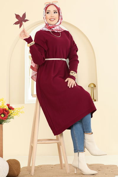 U.Z. - Kolları Fitilli Triko Tunik 2096UZ662-MS Bordo - 408079