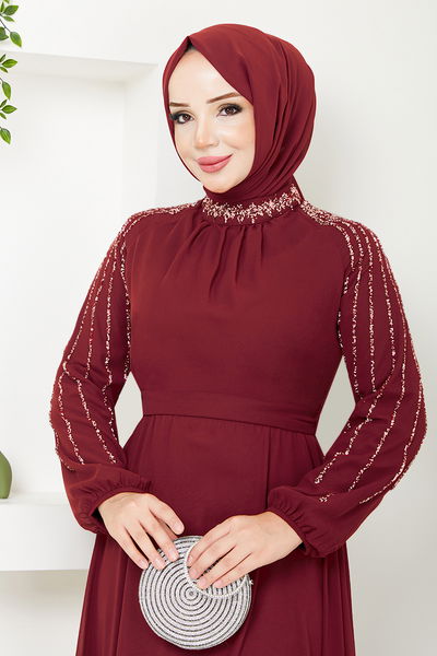 MRV L.P.N. - Kolları İşlemeli Abiye 6089LPN909-M Açık Bordo - 354898