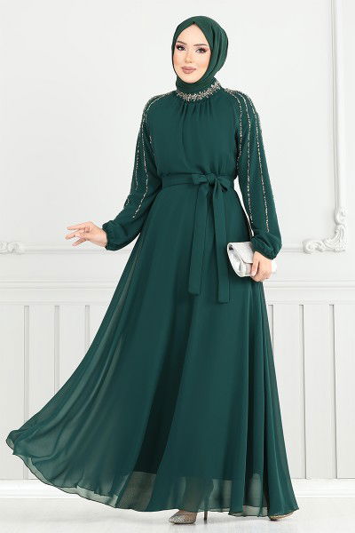 MRV L.P.N. - Kolları İşlemeli Abiye 6089LPN909-M Zümrüt