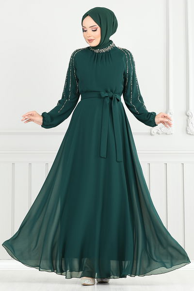 MRV L.P.N. - Kolları İşlemeli Abiye 6089LPN909-M Zümrüt - 356479