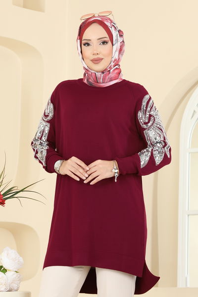 U.Z. - Kolları İşlemeli Triko Tunik 2494UZ662-MS Bordo - 415308