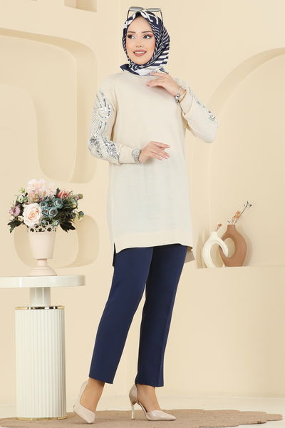 U.Z. - Kolları İşlemeli Triko Tunik 2494UZ662-MS Taş - 415323