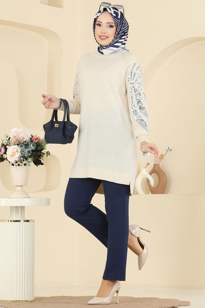 U.Z. - Kolları İşlemeli Triko Tunik 2494UZ662-MS Taş - 415324