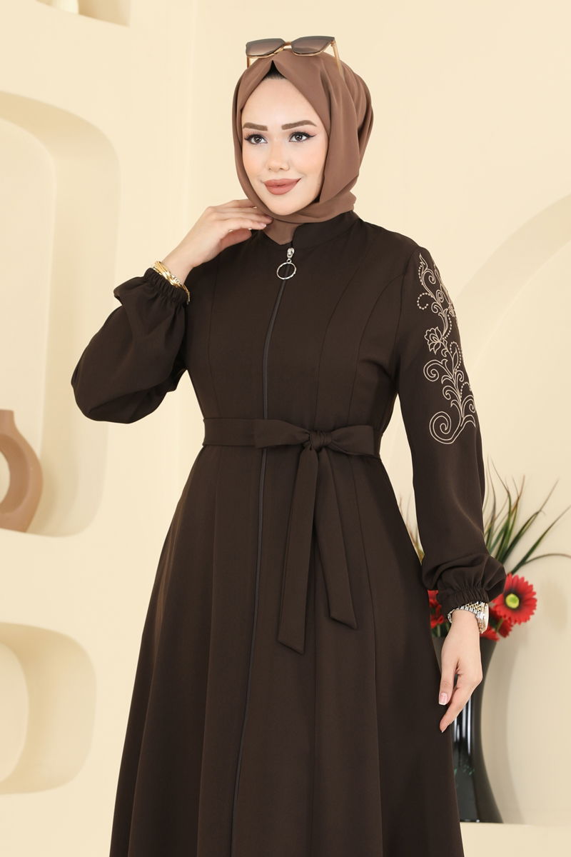 Kolları Nakışlı Dabıl Ferace 2768SL432-MS Koyu Kahve