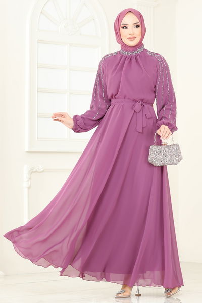 E.D.F. - Kolları Taşlı Şifon Abiye 5666EDF311-MS Gül Kurusu - 363706