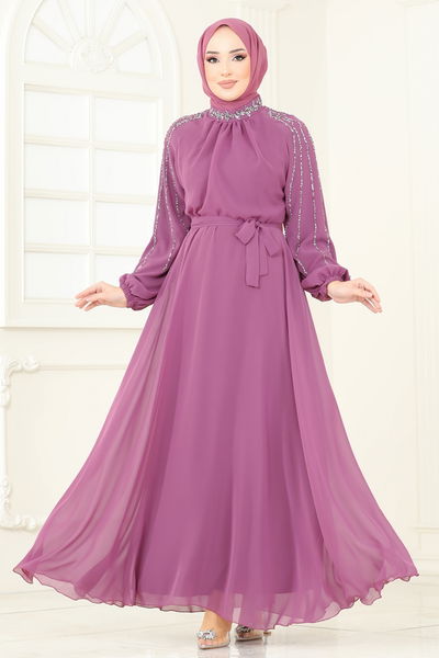 E.D.F. - Kolları Taşlı Şifon Abiye 5666EDF311-MS Gül Kurusu - 363707