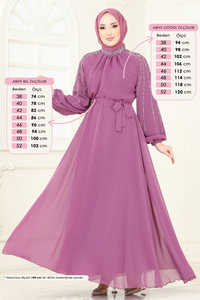 E.D.F. - Kolları Taşlı Şifon Abiye 5666EDF311-MS Gül Kurusu - 363708