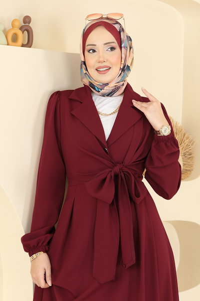 S.L. - Kruvaze Yaka Bağcıklı Elbise 2812SL432-MS Bordo - 427089